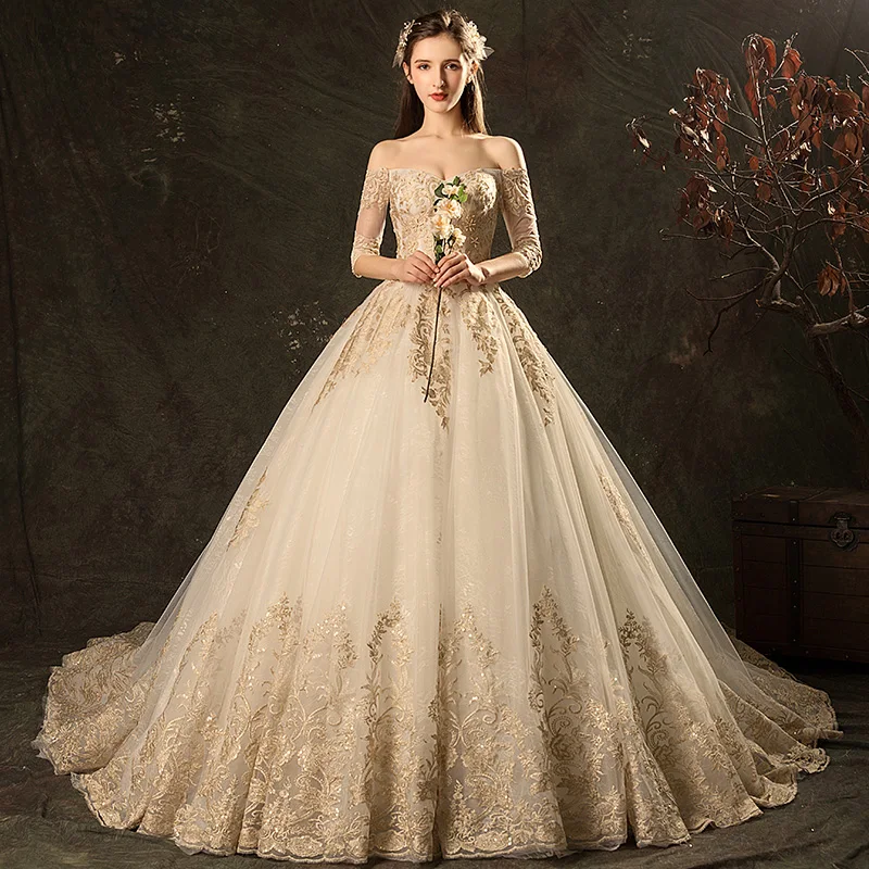 Affordable Champagne Wedding Dresses 2019 Ball Gown Off The Shoulder 3 4  Sleeve Backless Glitter Appliques Lace Chapel Train Ruffle