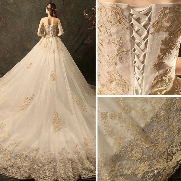 Abordable Champagne Robe De Mariée 2019 Robe Boule De l'épaule 3/4 Manches Dos Nu Glitter Appliques En Dentelle Chapel Train Volants