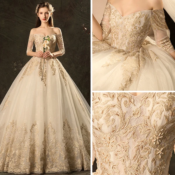 Abordable Champagne Robe De Mariée 2019 Robe Boule De l'épaule 3/4 Manches Dos Nu Glitter Appliques En Dentelle Chapel Train Volants
