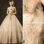 Abordable Champagne Robe De Mariée 2019 Robe Boule De l'épaule 3/4 Manches Dos Nu Glitter Appliques En Dentelle Chapel Train Volants