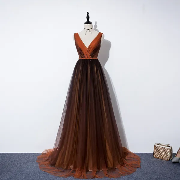 Elegant Brown Gradient-Color Evening Dresses  2020 A-Line / Princess V-Neck Sleeveless Beading Sash Sweep Train Ruffle Backless Formal Dresses