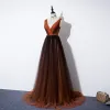 Elegant Brown Gradient-Color Evening Dresses  2020 A-Line / Princess V-Neck Sleeveless Beading Sash Sweep Train Ruffle Backless Formal Dresses