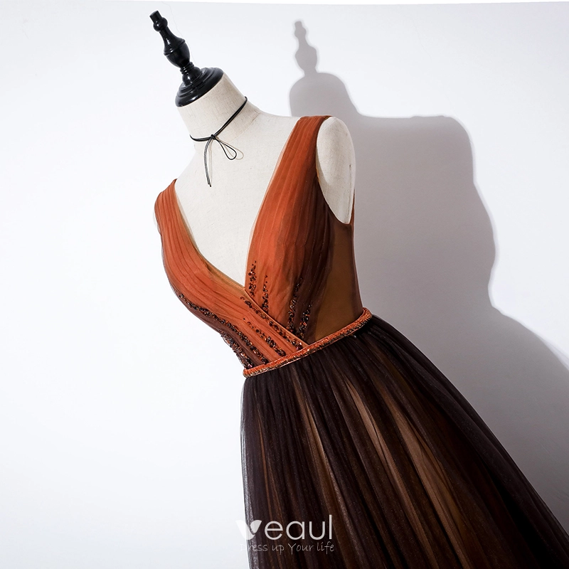 Elegant Brown Gradient Color Evening Dresses 2020 A Line Princess V Neck  Sleeveless Beading Sash Sweep Train Ruffle Backless Formal Dresses