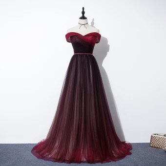 Élégant Bordeaux Robe De Soirée 2020 Princesse De L 039 Épaule Manches Courtes Perlage Ceinture Train De Balayage Volants Dos Nu Robe De Ceremonie