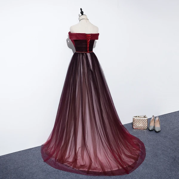 Elegante Burgunderrot Abendkleider 2020 A Linie Off Shoulder Kurze Ärmel Perlenstickerei Stoffgürtel Sweep / Pinsel Zug Rüschen Rückenfreies Festliche Kleider