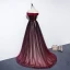 Elegante Burgunderrot Abendkleider 2020 A Linie Off Shoulder Kurze Ärmel Perlenstickerei Stoffgürtel Sweep / Pinsel Zug Rüschen Rückenfreies Festliche Kleider