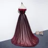 Elegant Burgundy Evening Dresses  2020 A-Line / Princess Off-The-Shoulder Short Sleeve Beading Sash Sweep Train Ruffle Backless Formal Dresses