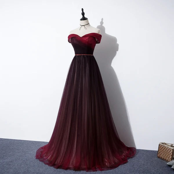 Elegante Burgunderrot Abendkleider 2020 A Linie Off Shoulder Kurze Ärmel Perlenstickerei Stoffgürtel Sweep / Pinsel Zug Rüschen Rückenfreies Festliche Kleider