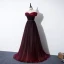 Elegante Burgunderrot Abendkleider 2020 A Linie Off Shoulder Kurze Ärmel Perlenstickerei Stoffgürtel Sweep / Pinsel Zug Rüschen Rückenfreies Festliche Kleider