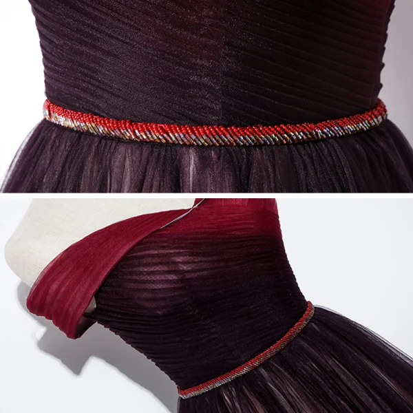 Elegante Burgunderrot Abendkleider 2020 A Linie Off Shoulder Kurze Ärmel Perlenstickerei Stoffgürtel Sweep / Pinsel Zug Rüschen Rückenfreies Festliche Kleider