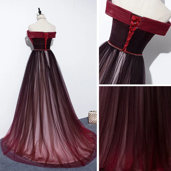 Elegante Burgunderrot Abendkleider 2020 A Linie Off Shoulder Kurze Ärmel Perlenstickerei Stoffgürtel Sweep / Pinsel Zug Rüschen Rückenfreies Festliche Kleider