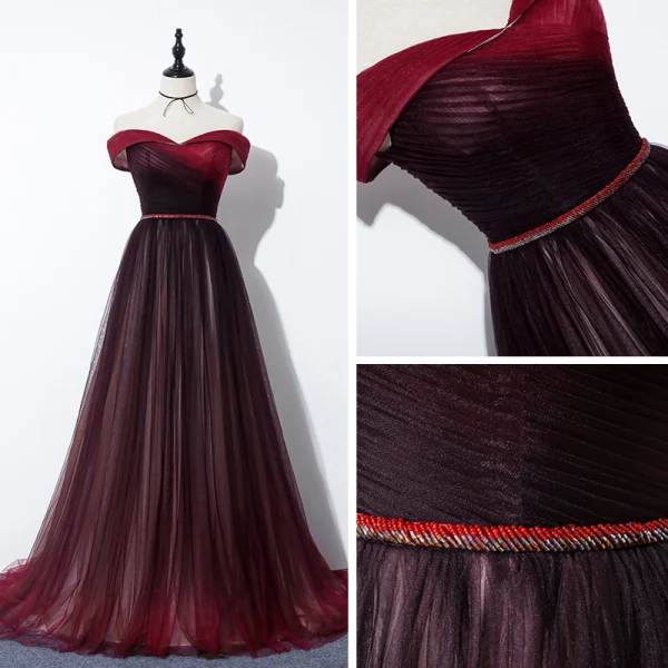 Elegante Burgunderrot Abendkleider 2020 A Linie Off Shoulder Kurze Ärmel Perlenstickerei Stoffgürtel Sweep / Pinsel Zug Rüschen Rückenfreies Festliche Kleider