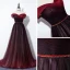 Elegante Burgunderrot Abendkleider 2020 A Linie Off Shoulder Kurze Ärmel Perlenstickerei Stoffgürtel Sweep / Pinsel Zug Rüschen Rückenfreies Festliche Kleider