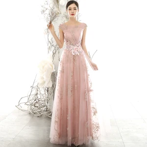 Chic Beautiful Pearl Pink See Through Evening Dresses 2020 A Line Princess Scoop Neck Sleeveless Flower Appliques Lace Beading Pearl Glitter Tulle Floor Length Long Backless Formal Dresses