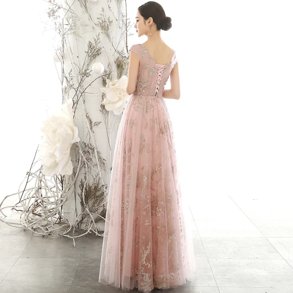 Chic / Beautiful Pearl Pink See-through Evening Dresses 2020 A-Line / Princess Scoop Neck Sleeveless Flower Appliques Lace Beading Pearl Glitter Tulle Floor-Length / Long Backless Formal Dresses
