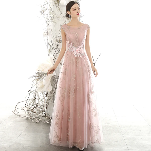 Chic / Beautiful Pearl Pink See-through Evening Dresses 2020 A-Line / Princess Scoop Neck Sleeveless Flower Appliques Lace Beading Pearl Glitter Tulle Floor-Length / Long Backless Formal Dresses
