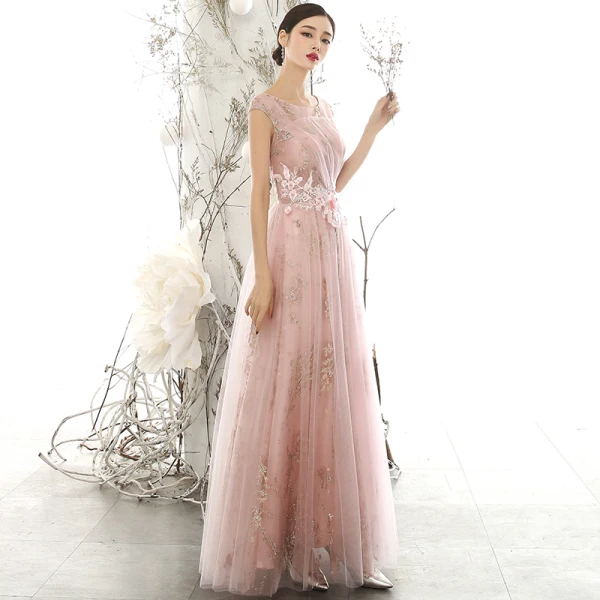 Chic / Beautiful Pearl Pink See-through Evening Dresses 2020 A-Line / Princess Scoop Neck Sleeveless Flower Appliques Lace Beading Pearl Glitter Tulle Floor-Length / Long Backless Formal Dresses
