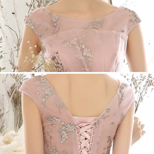 Chic / Beautiful Pearl Pink See-through Evening Dresses 2020 A-Line / Princess Scoop Neck Sleeveless Flower Appliques Lace Beading Pearl Glitter Tulle Floor-Length / Long Backless Formal Dresses
