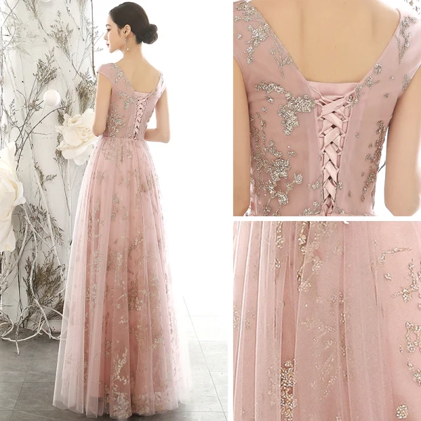 Chic / Beautiful Pearl Pink See-through Evening Dresses 2020 A-Line / Princess Scoop Neck Sleeveless Flower Appliques Lace Beading Pearl Glitter Tulle Floor-Length / Long Backless Formal Dresses
