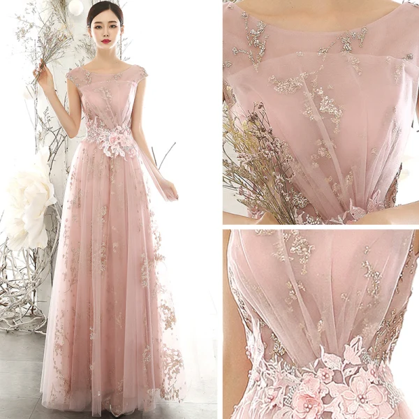 Chic / Beautiful Pearl Pink See-through Evening Dresses 2020 A-Line / Princess Scoop Neck Sleeveless Flower Appliques Lace Beading Pearl Glitter Tulle Floor-Length / Long Backless Formal Dresses
