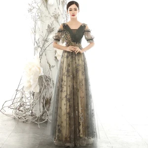 Chic Beautiful Grey Evening Dresses 2020 A Line Princess V Neck Puffy Short Sleeve Glitter Appliques Sequins Beading Floor Length Long Ruffle Backless Formal Dresses