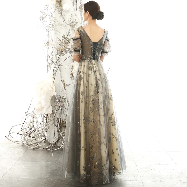 Chic / Beautiful Grey Evening Dresses  2020 A-Line / Princess V-Neck Puffy Short Sleeve Glitter Appliques Sequins Beading Floor-Length / Long Ruffle Backless Formal Dresses