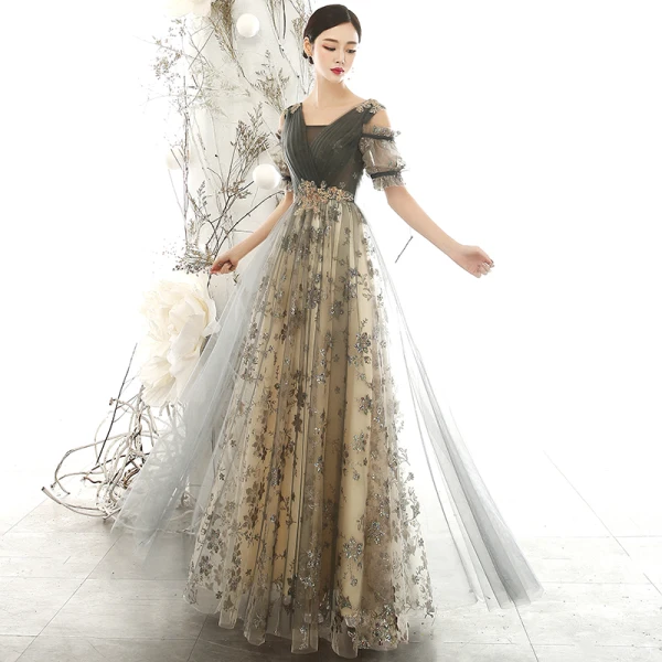 Chic / Beautiful Grey Evening Dresses  2020 A-Line / Princess V-Neck Puffy Short Sleeve Glitter Appliques Sequins Beading Floor-Length / Long Ruffle Backless Formal Dresses