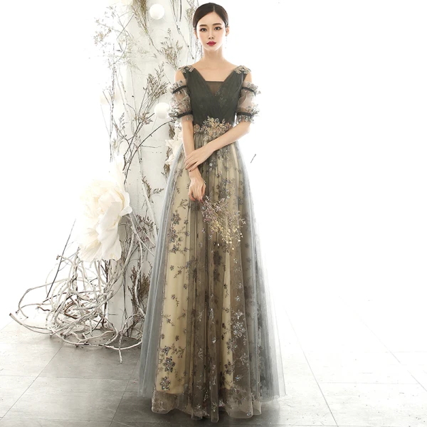 Chic / Beautiful Grey Evening Dresses  2020 A-Line / Princess V-Neck Puffy Short Sleeve Glitter Appliques Sequins Beading Floor-Length / Long Ruffle Backless Formal Dresses