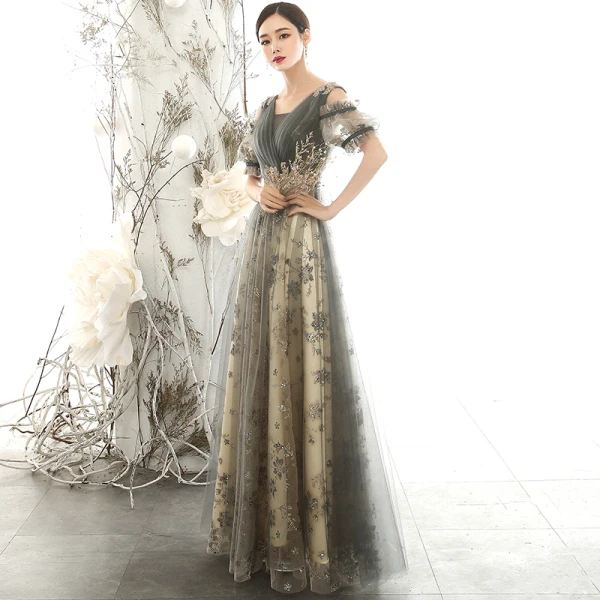 Chic / Beautiful Grey Evening Dresses  2020 A-Line / Princess V-Neck Puffy Short Sleeve Glitter Appliques Sequins Beading Floor-Length / Long Ruffle Backless Formal Dresses