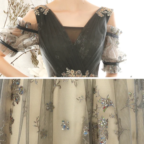 Chic / Beautiful Grey Evening Dresses  2020 A-Line / Princess V-Neck Puffy Short Sleeve Glitter Appliques Sequins Beading Floor-Length / Long Ruffle Backless Formal Dresses