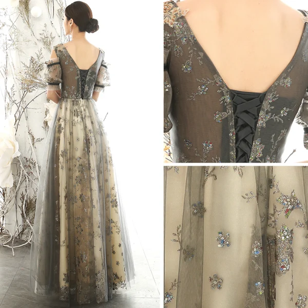 Chic / Beautiful Grey Evening Dresses  2020 A-Line / Princess V-Neck Puffy Short Sleeve Glitter Appliques Sequins Beading Floor-Length / Long Ruffle Backless Formal Dresses