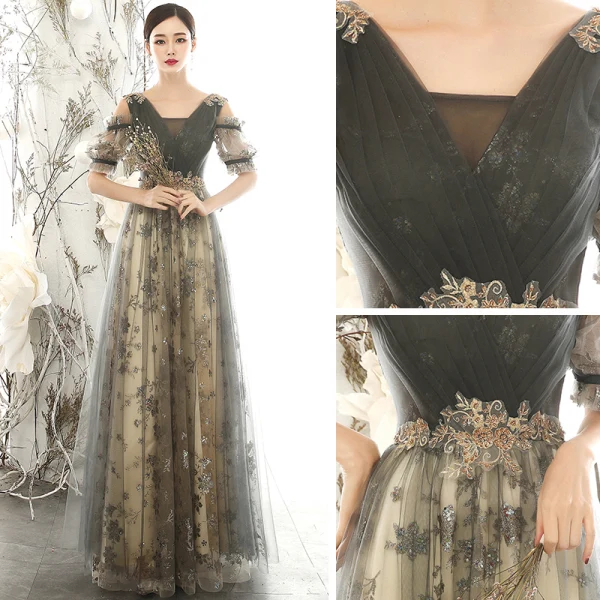Chic / Beautiful Grey Evening Dresses  2020 A-Line / Princess V-Neck Puffy Short Sleeve Glitter Appliques Sequins Beading Floor-Length / Long Ruffle Backless Formal Dresses