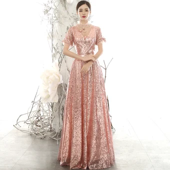 Sparkly Rose Gold Sequins Evening Dresses 2020 A Line Princess See Through High Neck Puffy Short Sleeve Appliques Flower Beading Floor Length Long Ruffle Backless Formal Dresses