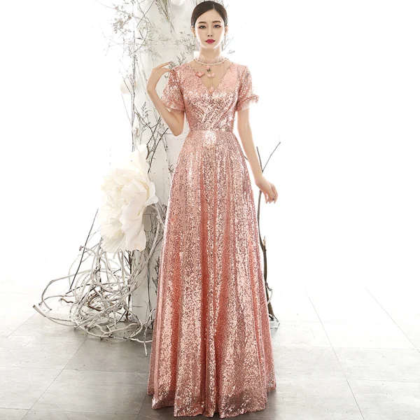 Scintillantes Or Rose Paillettes Robe De Soirée 2020 Princesse Transparentes Col Haut Gonflée Manches Courtes Appliques Fleur Perlage Longue Volants Dos Nu Robe De Ceremonie