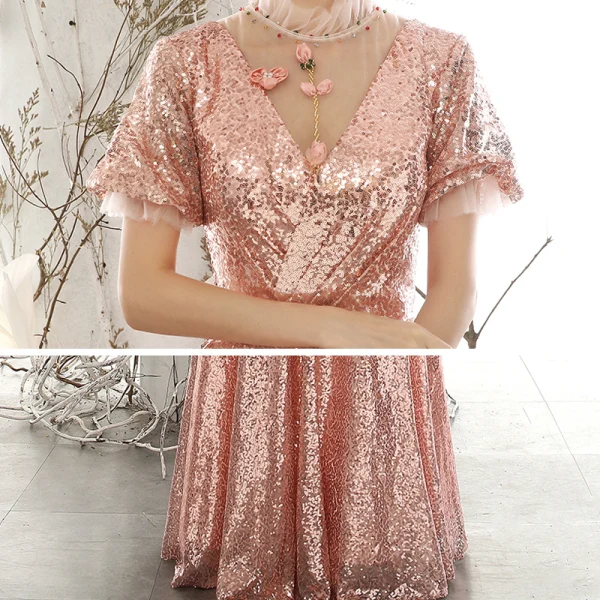 Scintillantes Or Rose Paillettes Robe De Soirée 2020 Princesse Transparentes Col Haut Gonflée Manches Courtes Appliques Fleur Perlage Longue Volants Dos Nu Robe De Ceremonie