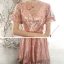 Scintillantes Or Rose Paillettes Robe De Soirée 2020 Princesse Transparentes Col Haut Gonflée Manches Courtes Appliques Fleur Perlage Longue Volants Dos Nu Robe De Ceremonie