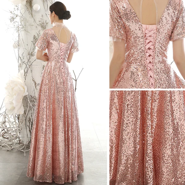 Scintillantes Or Rose Paillettes Robe De Soirée 2020 Princesse Transparentes Col Haut Gonflée Manches Courtes Appliques Fleur Perlage Longue Volants Dos Nu Robe De Ceremonie