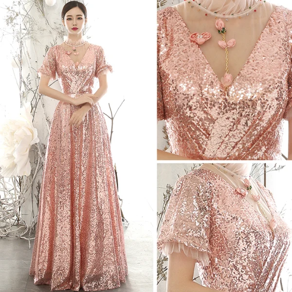 Rose Gold Sequins Evening Dresses Off-the-Shoulder Chic  Formal Dresses