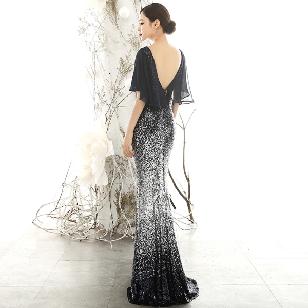 Scintillantes Noire Dégradé De Couleur Paillettes Robe De Soirée 2020 Trompette / Sirène Col v profond 1/2 Manches Longue Dos Nu Robe De Ceremonie