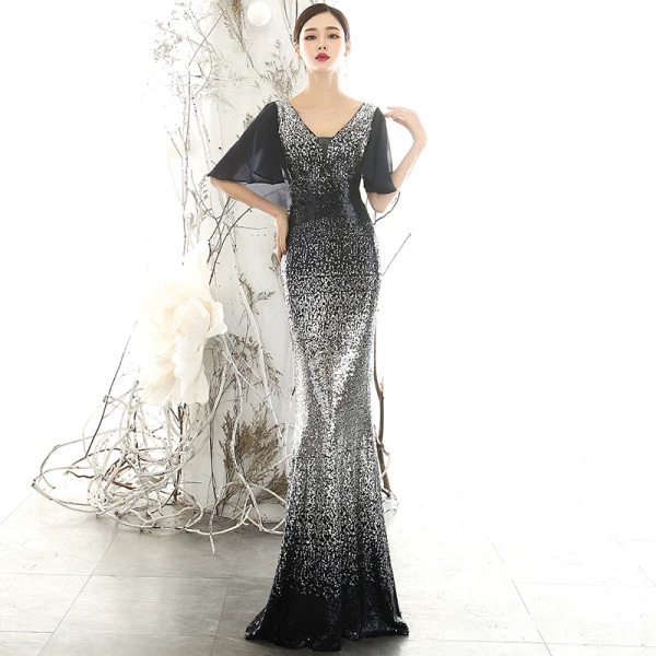 Scintillantes Noire Dégradé De Couleur Paillettes Robe De Soirée 2020 Trompette / Sirène Col v profond 1/2 Manches Longue Dos Nu Robe De Ceremonie