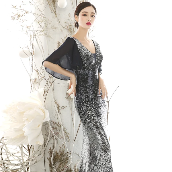 Scintillantes Noire Dégradé De Couleur Paillettes Robe De Soirée 2020 Trompette / Sirène Col v profond 1/2 Manches Longue Dos Nu Robe De Ceremonie