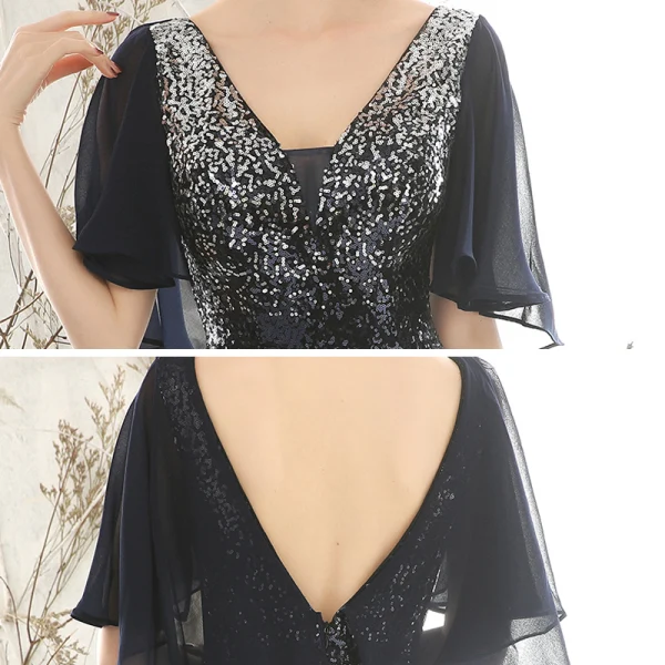 Scintillantes Noire Dégradé De Couleur Paillettes Robe De Soirée 2020 Trompette / Sirène Col v profond 1/2 Manches Longue Dos Nu Robe De Ceremonie