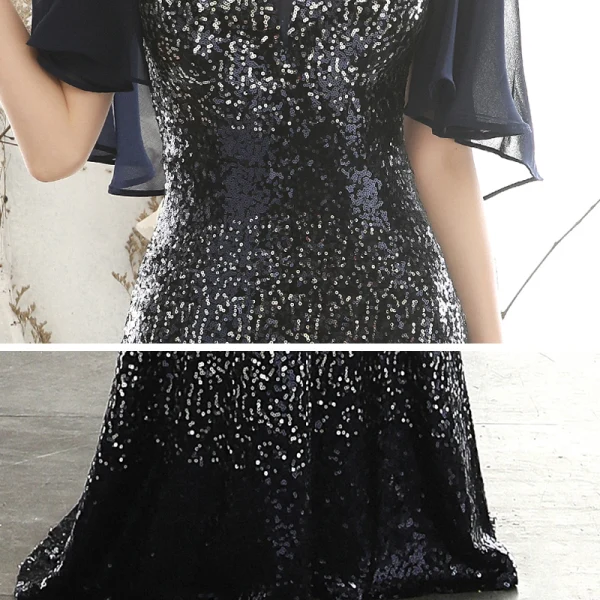 Scintillantes Noire Dégradé De Couleur Paillettes Robe De Soirée 2020 Trompette / Sirène Col v profond 1/2 Manches Longue Dos Nu Robe De Ceremonie
