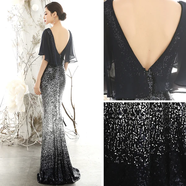 Scintillantes Noire Dégradé De Couleur Paillettes Robe De Soirée 2020 Trompette / Sirène Col v profond 1/2 Manches Longue Dos Nu Robe De Ceremonie