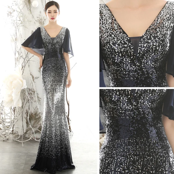 Scintillantes Noire Dégradé De Couleur Paillettes Robe De Soirée 2020 Trompette / Sirène Col v profond 1/2 Manches Longue Dos Nu Robe De Ceremonie