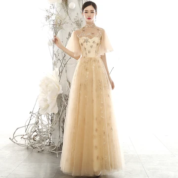 Chic Belle Doré Transparentes Robe De Soirée 2020 Princesse Col Haut Gonflée Manches Courtes Glitter Appliques Étoile Longue Volants Dos Nu