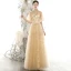 Chic / Beautiful Gold See-through Evening Dresses  2020 A-Line / Princess High Neck Puffy Short Sleeve Glitter Appliques Star Floor-Length / Long Ruffle Backless