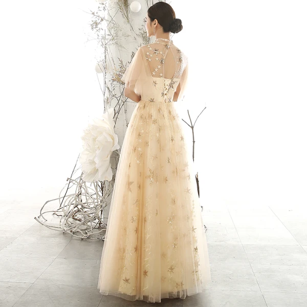 Chic / Beautiful Gold See-through Evening Dresses 2020 A-Line / Princess High Neck Puffy Short Sleeve Glitter Appliques Star Floor-Length / Long Ruffle Backless