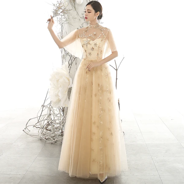 Chic / Beautiful Gold See-through Evening Dresses 2020 A-Line / Princess High Neck Puffy Short Sleeve Glitter Appliques Star Floor-Length / Long Ruffle Backless