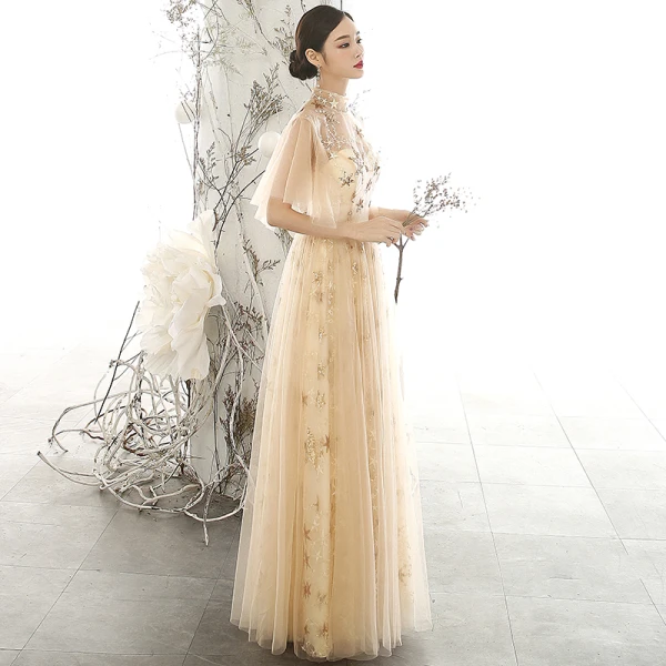 Chic / Beautiful Gold See-through Evening Dresses 2020 A-Line / Princess High Neck Puffy Short Sleeve Glitter Appliques Star Floor-Length / Long Ruffle Backless